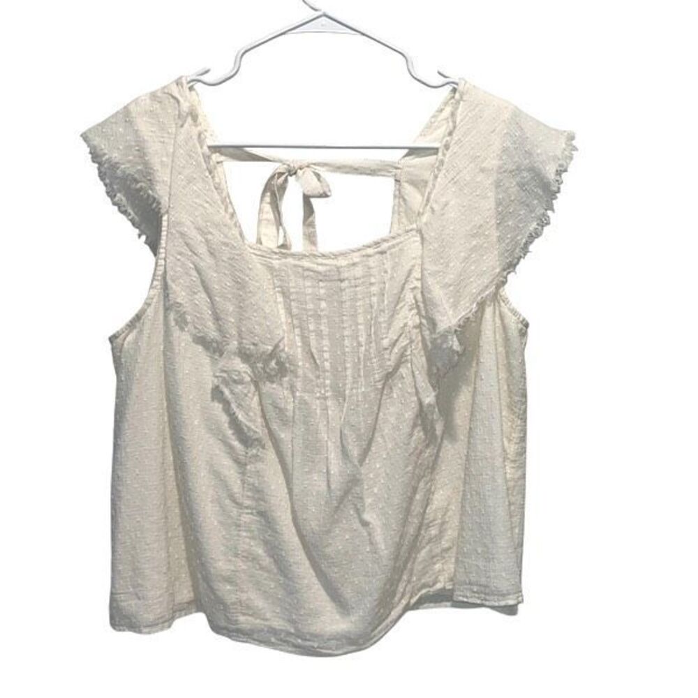 True Craft Womens Swiss Dot Square Neck Cap Sleeve Tie Back Blouse White Size 1X
